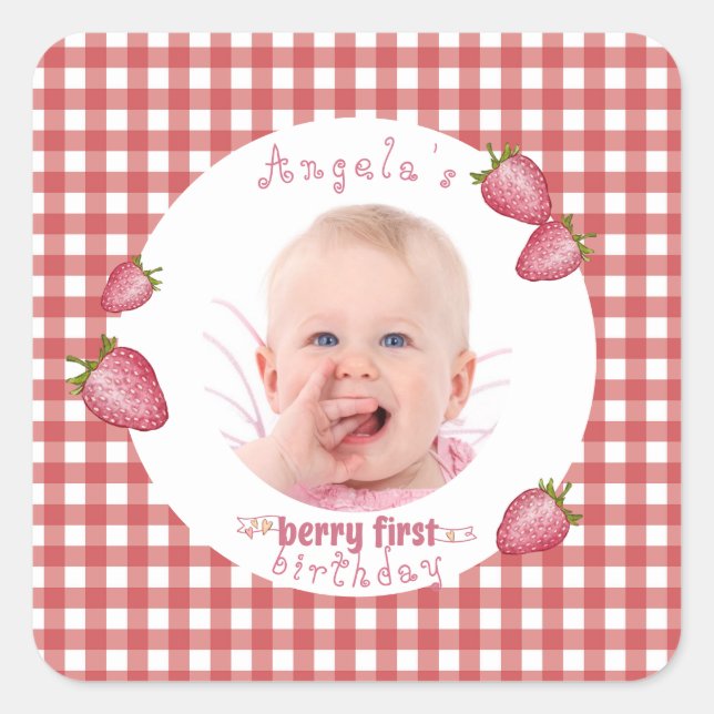 Strawberry Berry First Birthday Square Sticker (Front)