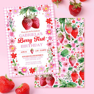 Strawberry Berry First Birthday Watercolor Invitation