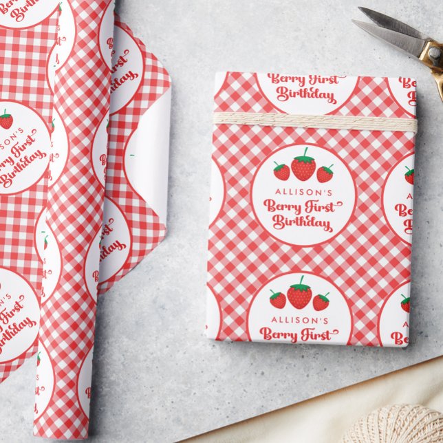 Strawberry Berry First Birthday  Wrapping Paper (Creator Uploaded)