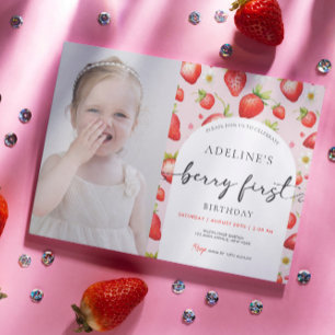 Strawberry Berry First Cute 1st Birthday Photo Invitation