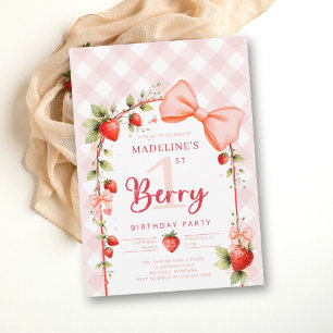 Strawberry Berry First Gingham Bows 1st Birthday Invitation