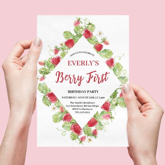 Strawberry Berry First Girl 1st Birthday Invitation (Creator Uploaded)