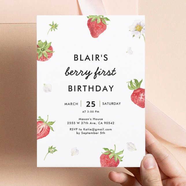 Strawberry Berry First Girl 1st Birthday  Invitation (Creator Uploaded)