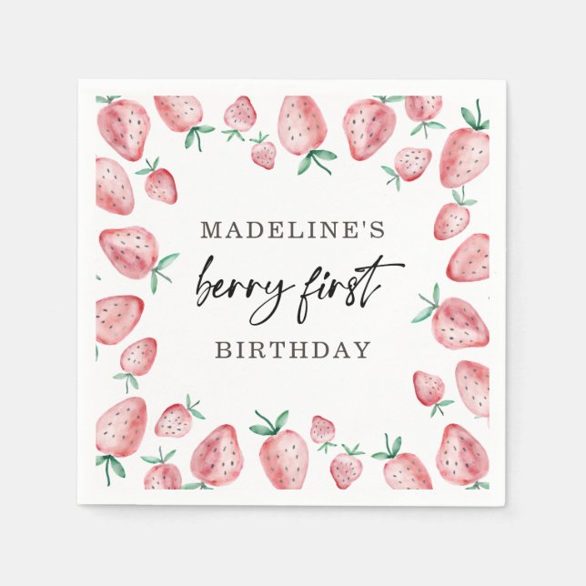 Strawberry Berry First Girl 1st Birthday Napkins (Front)