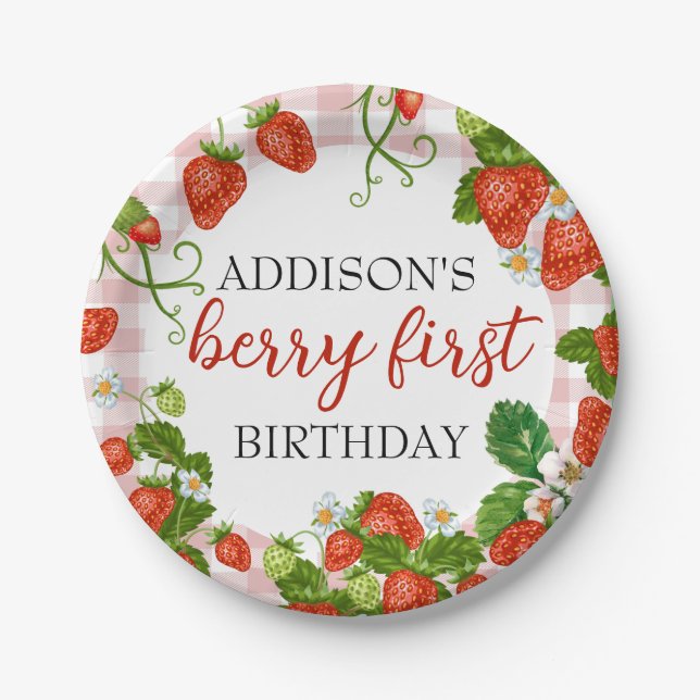 Strawberry Berry First Girl 1st Birthday Paper Plate (Front)