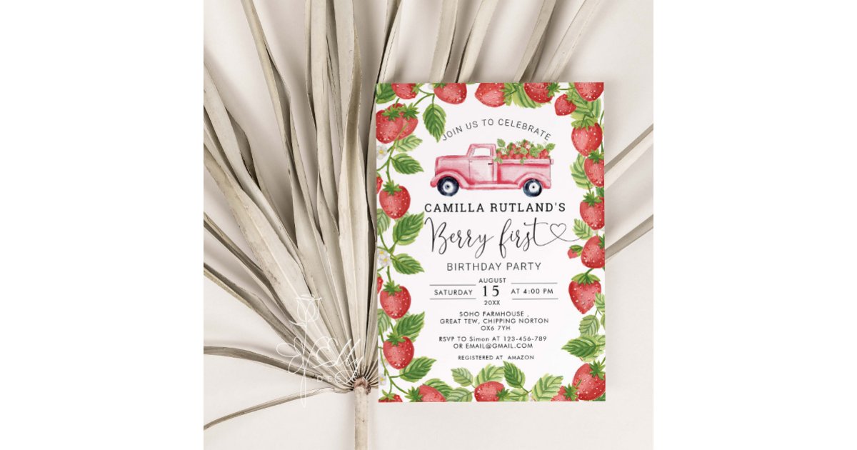 Strawberry Berry First Girl 1st Birthday Party Invitation | Zazzle