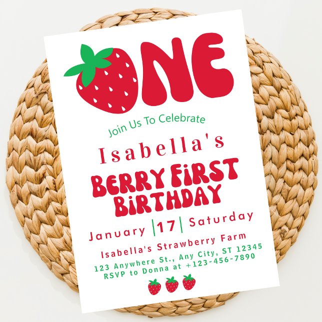 Strawberry Berry First Girl 1st Birthday Party  Invitation (Creator Uploaded)