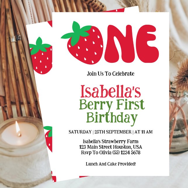 Strawberry Berry First Girl 1st Birthday Party  Invitation (Creator Uploaded)