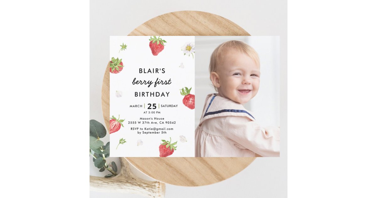 Strawberry Berry First Girl 1st Birthday Photo Invitation | Zazzle