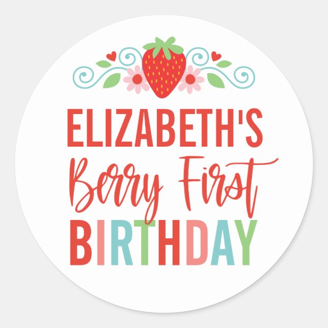 Strawberry Berry First Girl Birthday Classic Round Sticker (Front)