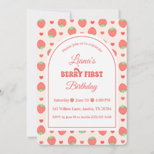 Strawberry Berry First Girl’s 1st Birthday Party Invitation
