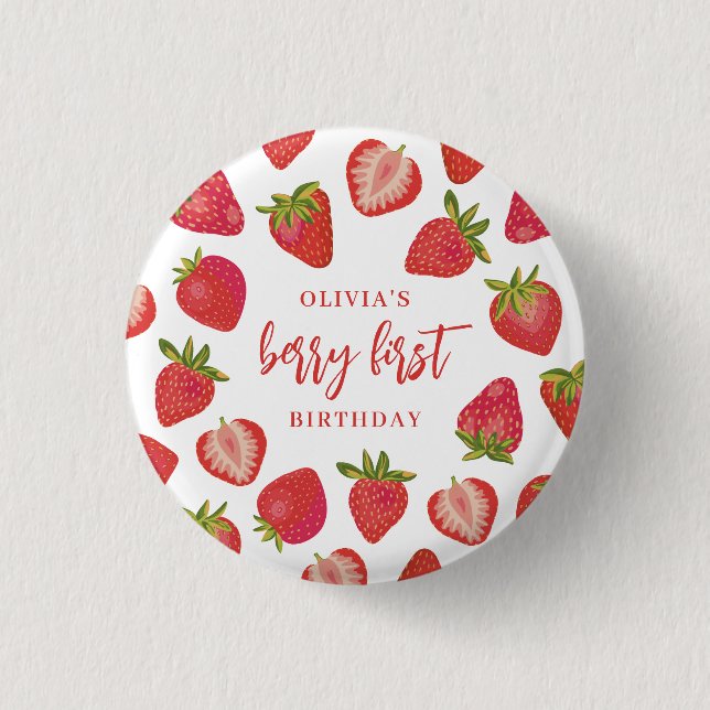 Strawberry Berry First Girls Personalised Birthday 3 Cm Round Badge (Front)