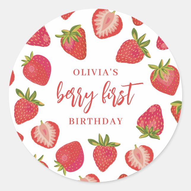 Strawberry Berry First Girls Personalised Birthday Classic Round Sticker (Front)