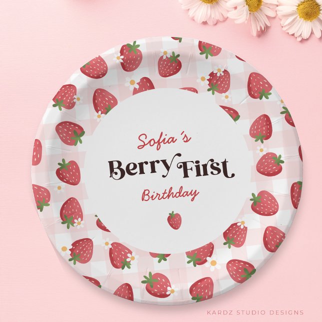 Strawberry Berry First Party Paper Plate (The image shows a 7 in. round plate, choose your preferred size and personalize with girl´s name.)