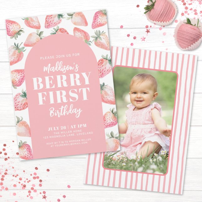 Strawberry Berry First Photo 1st Birthday Party Invitation (Strawberry Berry First Photo 1st Birthday Party Invitation)
