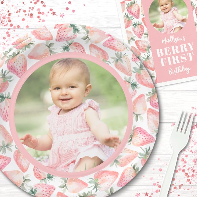 Strawberry Berry First Photo 1st Birthday Party Paper Plate (Strawberry Berry First Photo 1st Birthday Party Paper Plates)