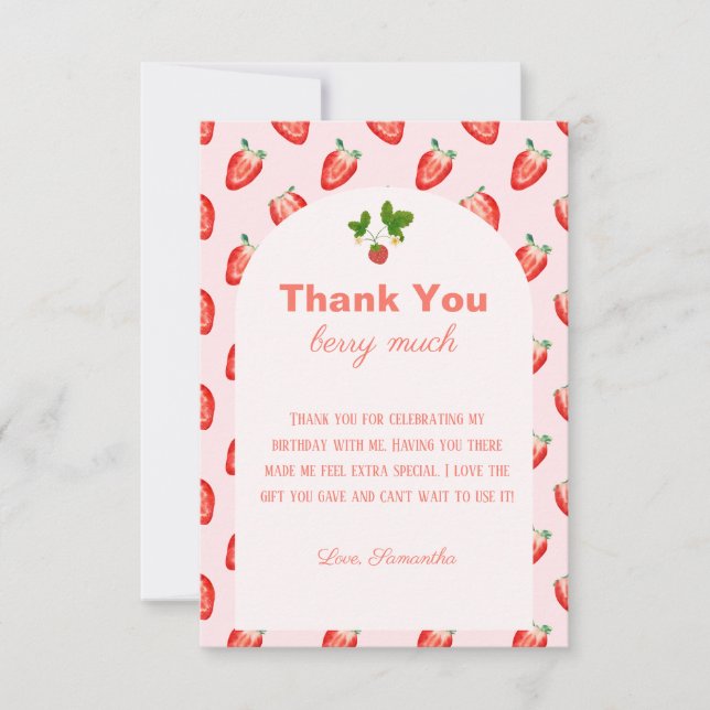 Strawberry Berry First Pink Birthday  Thank You Card (Front)