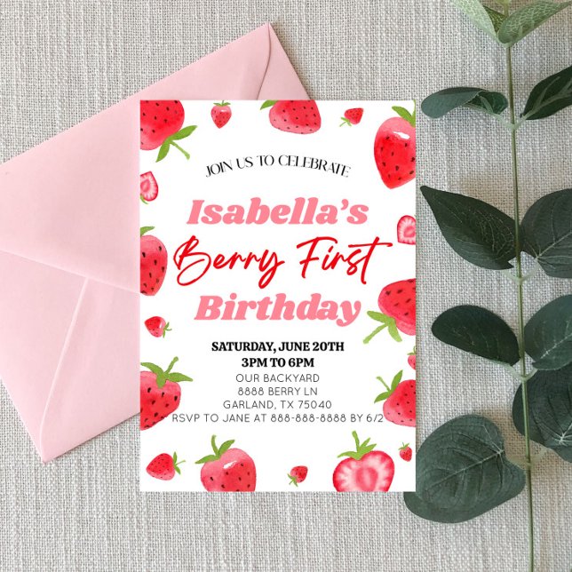 Strawberry Berry First Pink Red 1st Birthday Party Invitation (Creator Uploaded)