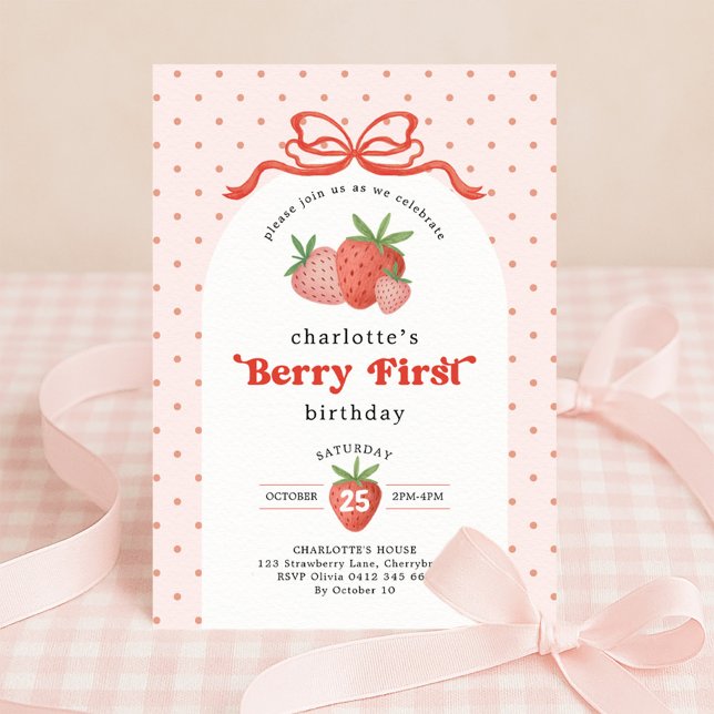 Strawberry Berry First Red Bow 1st Birthday Invitation (Creator Uploaded)