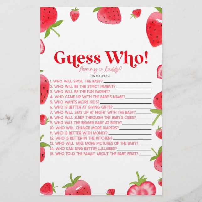Strawberry Berry Guess Who! Baby Shower Game Stationery (Front)