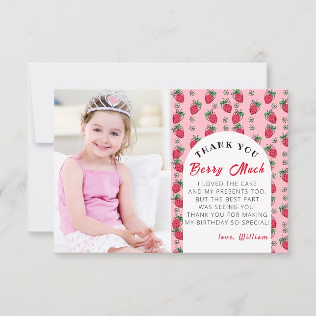 Strawberry Berry Much Girl Birthday with Photo Thank You Card (Front)