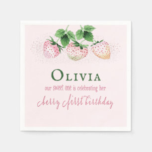 Strawberry Berry Pink First Birthday Sign Napkin