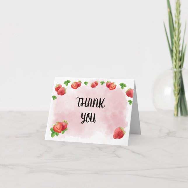 Strawberry Berry Sweet 1st Birthday Party Thank You Card (Front)