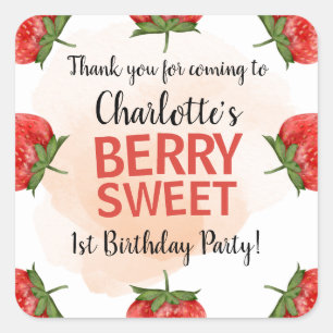 Strawberry Berry Sweet 1st Birthday Thank You  Square Sticker