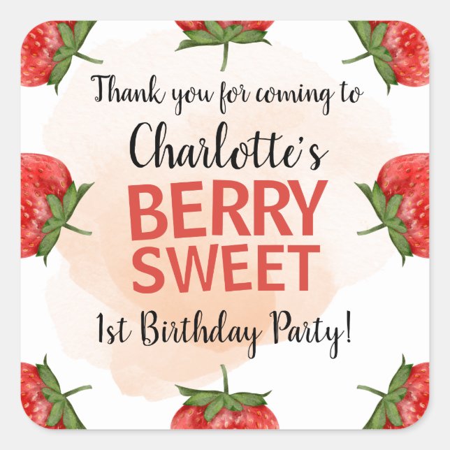 Strawberry Berry Sweet 1st Birthday Thank You  Square Sticker (Front)