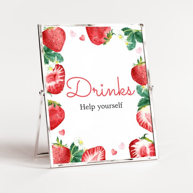 Strawberry Berry Sweet Baby Shower Drinks Poster (A Berry Sweet Strawberry Baby Shower Drinks Sign)
