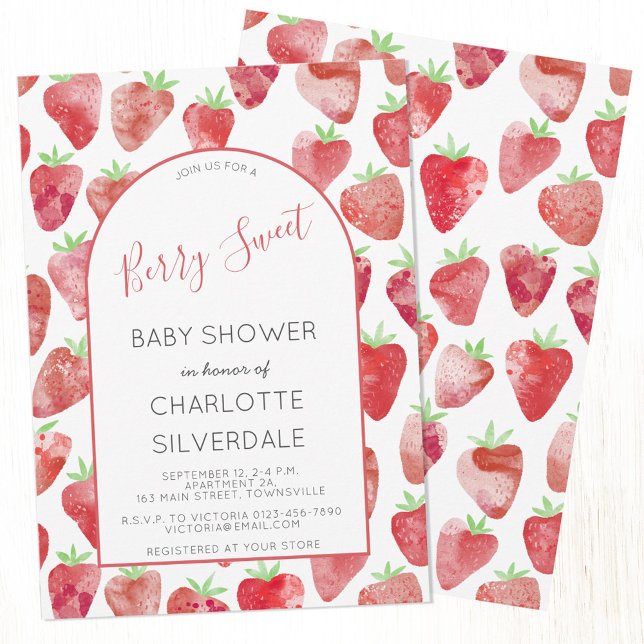 Strawberry Berry Sweet Baby Shower Invitation (Berry Sweet watercolor strawberry pattern custom text baby shower invitation)