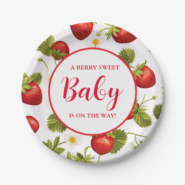 Strawberry Berry Sweet Baby shower On the way  Paper Plate (Front)