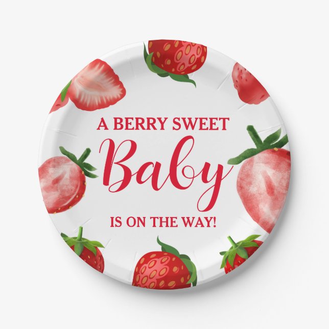 Strawberry Berry Sweet Baby shower On the way  Paper Plate (Front)