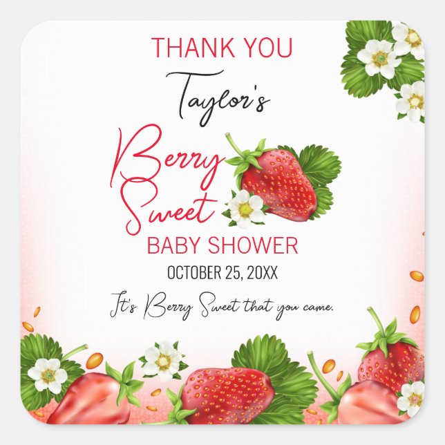Strawberry Berry Sweet Baby Shower Square Sticker (Front)