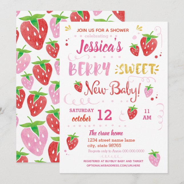 Strawberry BERRY SWEET baby shower Watercolor Invitation (Front/Back)