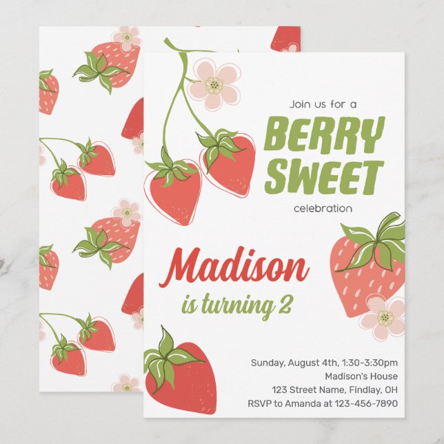Strawberry Berry Sweet Birthday Party Any Age Invitation (Front/Back)