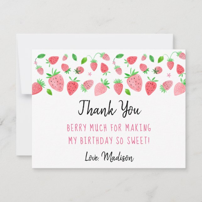 Strawberry Berry Sweet Birthday Thank You Card (Front)