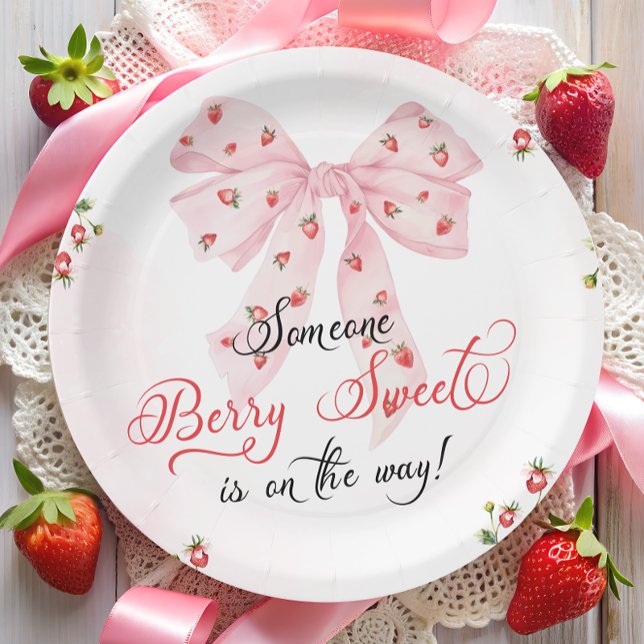 Strawberry Berry Sweet Blush Pink Bow Baby Shower Paper Plate (Creator Uploaded)