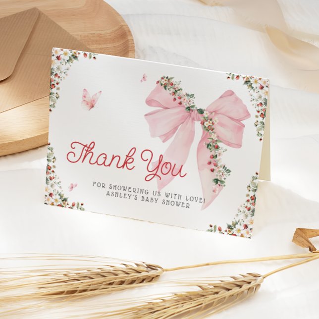 Strawberry Berry Sweet Bow Baby Shower Thank You Card (Creator Uploaded)