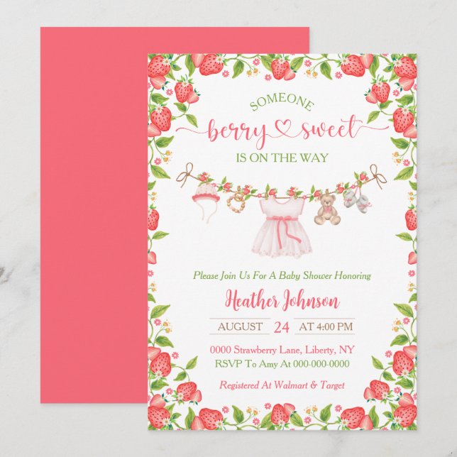 Strawberry Berry Sweet Clothesline Baby Shower  Invitation