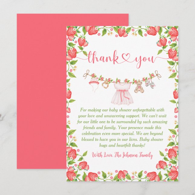 Strawberry Berry Sweet Clothesline Baby Shower  Thank You Card (Front/Back)