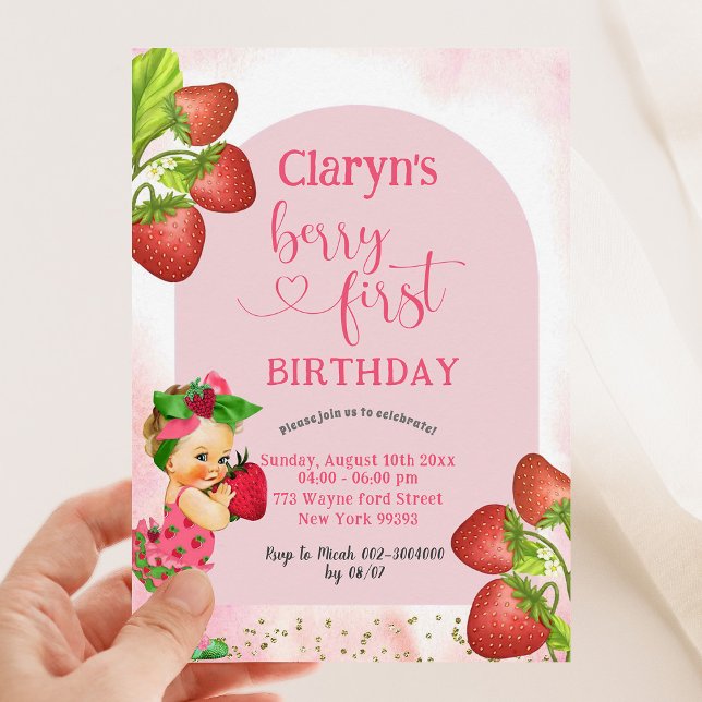 Strawberry Berry Sweet First Birthday Blonde Girl Invitation (Creator Uploaded)