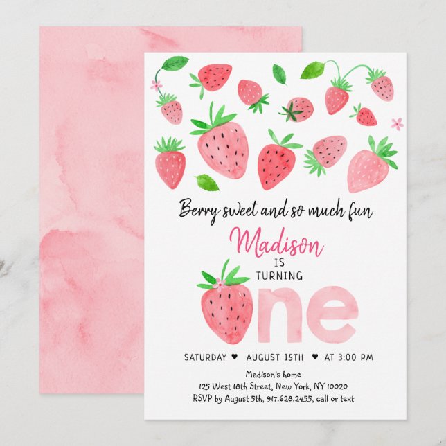 Strawberry Berry Sweet First Birthday Invitation (Front/Back)