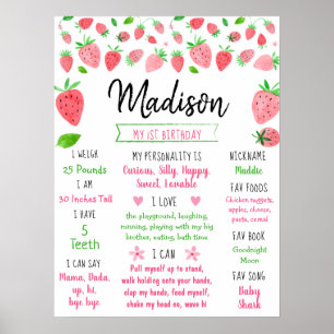 Strawberry Berry Sweet First Birthday Milestone Poster