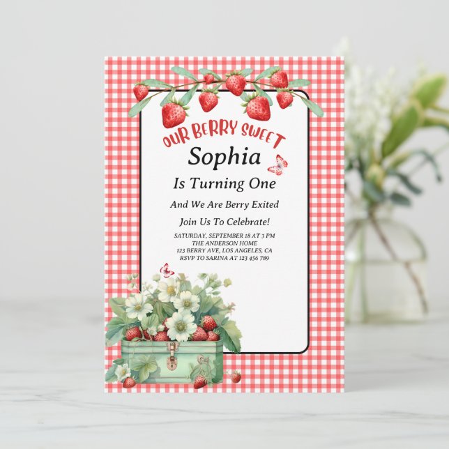 Strawberry Berry Sweet First Birthday Party  Invitation (Standing Front)