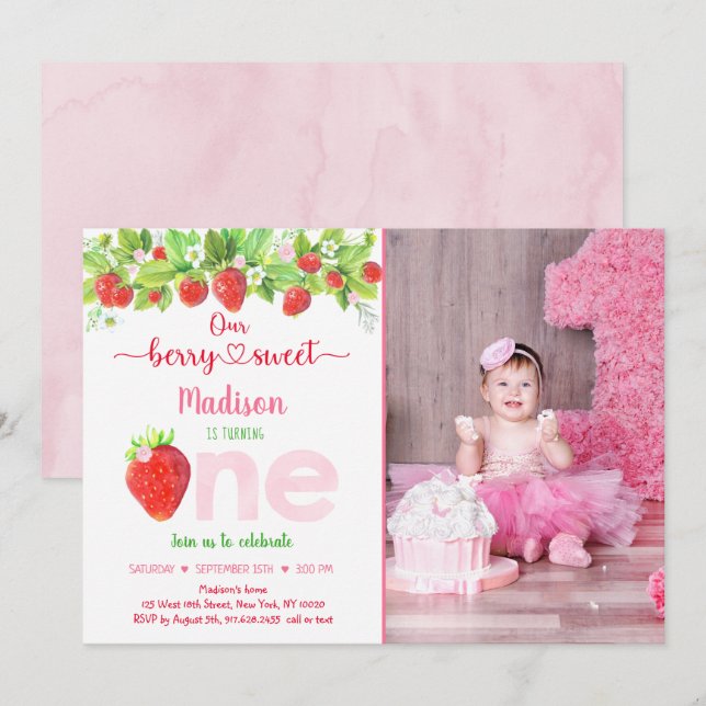 Strawberry Berry Sweet Floral First Birthday Invitation (Front/Back)