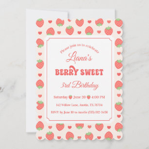 Strawberry Berry Sweet Girl’s 3rd Birthday Party Invitation