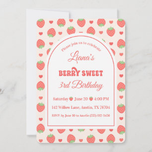 Strawberry Berry Sweet Girl’s Third Birthday Party Invitation