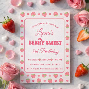 Strawberry Berry Sweet Girl Third Birthday Party Invitation
