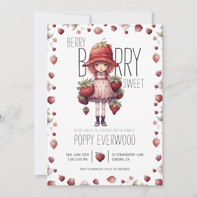 Strawberry Berry Sweet Girl's Birthday Party Invitation (Front)